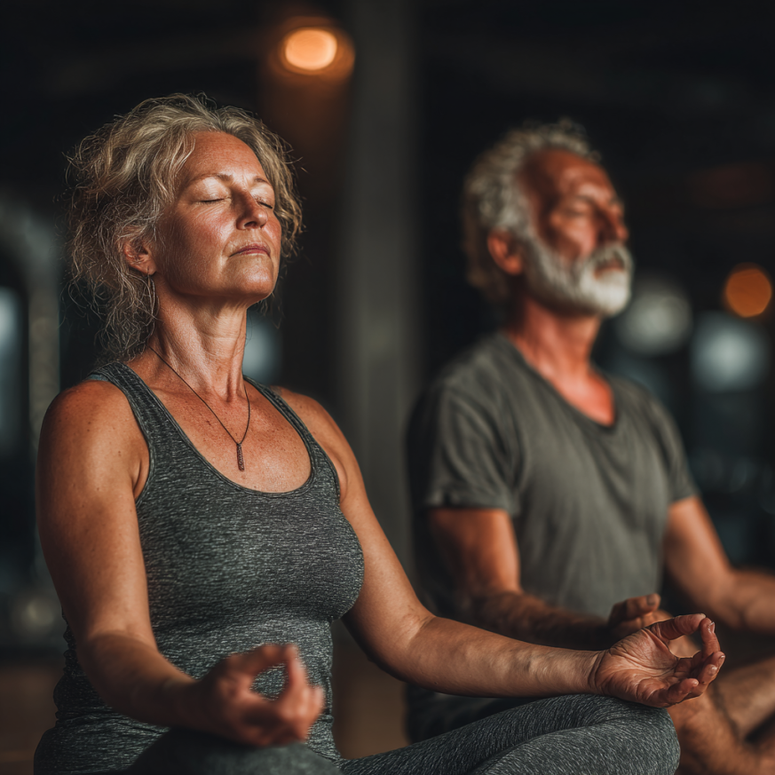 Літня жінка практикує йогу